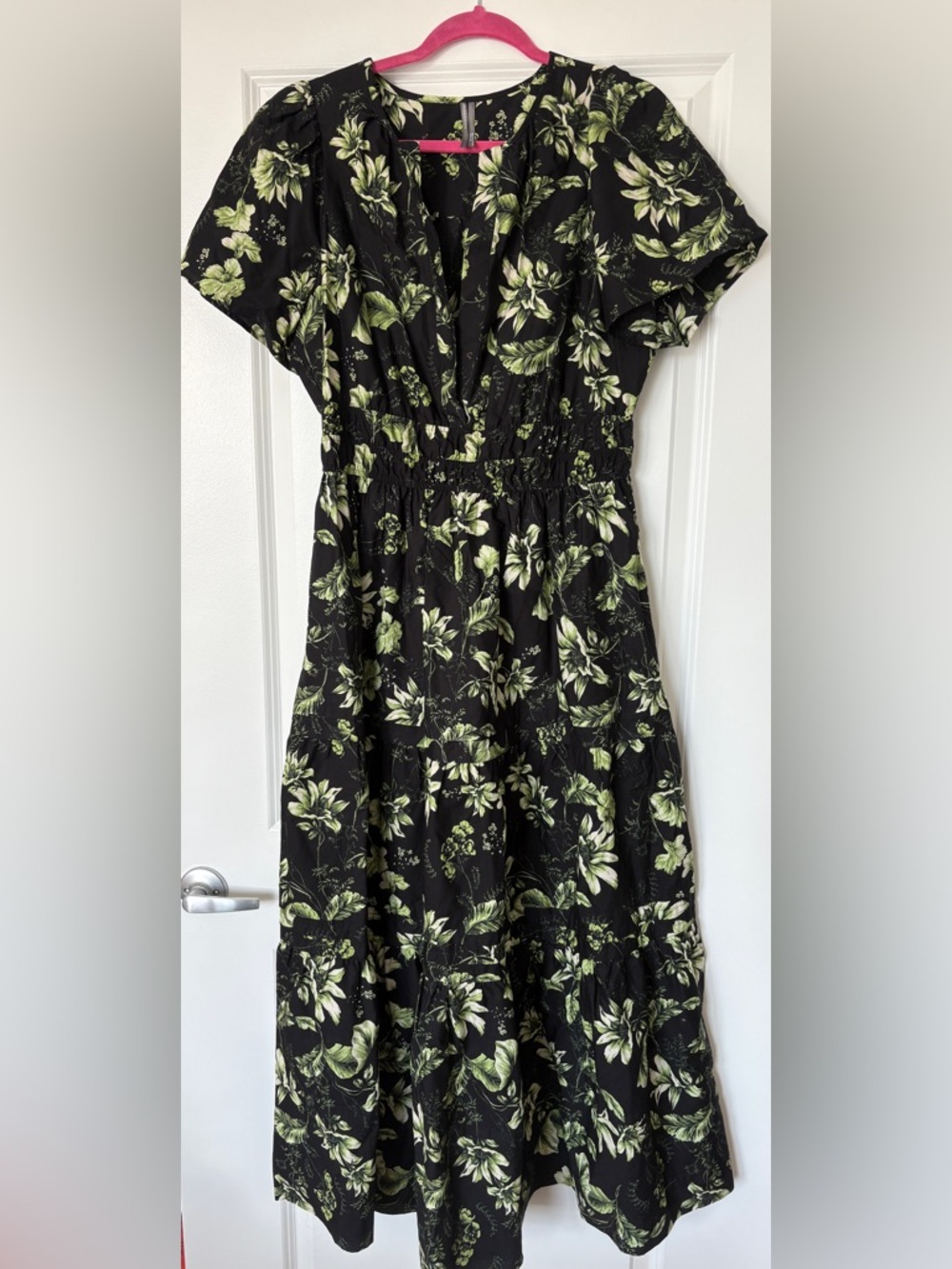 Anthropologie sz Large The Somerset Maxi Dress Black Floral Botanic A-line Tiers - Picture 3 of 8